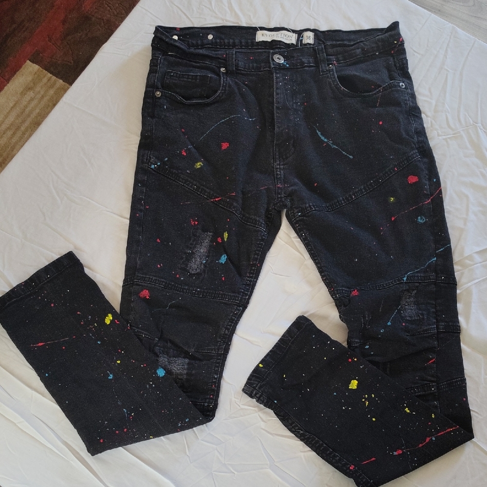Black and Red Skinny Jeans with Artistic Paint Splatter